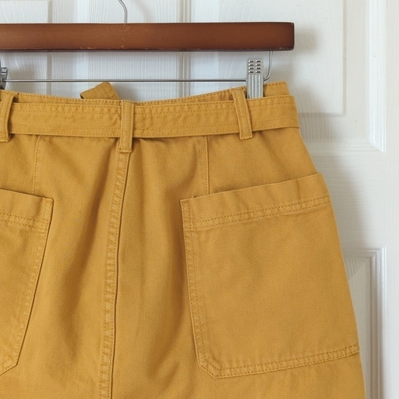 PacSun High Waisted Tie Belted Raw Hem A-Line Denim Mini Skirt Mustard Yellow 26 - Picture 12 of 13